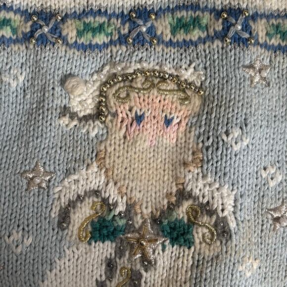 Vintage 90s Marisa Christina Christmas Pastel Blue Knit Cardigan Sweater Plus 2X - Picture 11 of 16